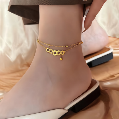 Double Layer Vintage Copper Coin Anklet for Women - Adjustable Lucky Wealth Anklet Chain