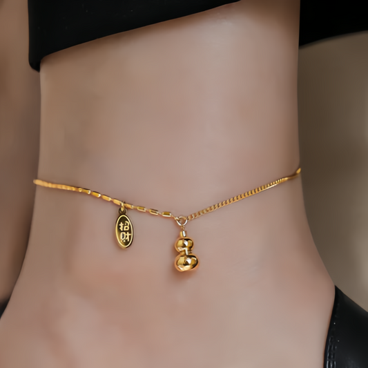 18K Gold Lucky Gourd Bracelet Anklet - Adjustable Style Fortune Jewelry