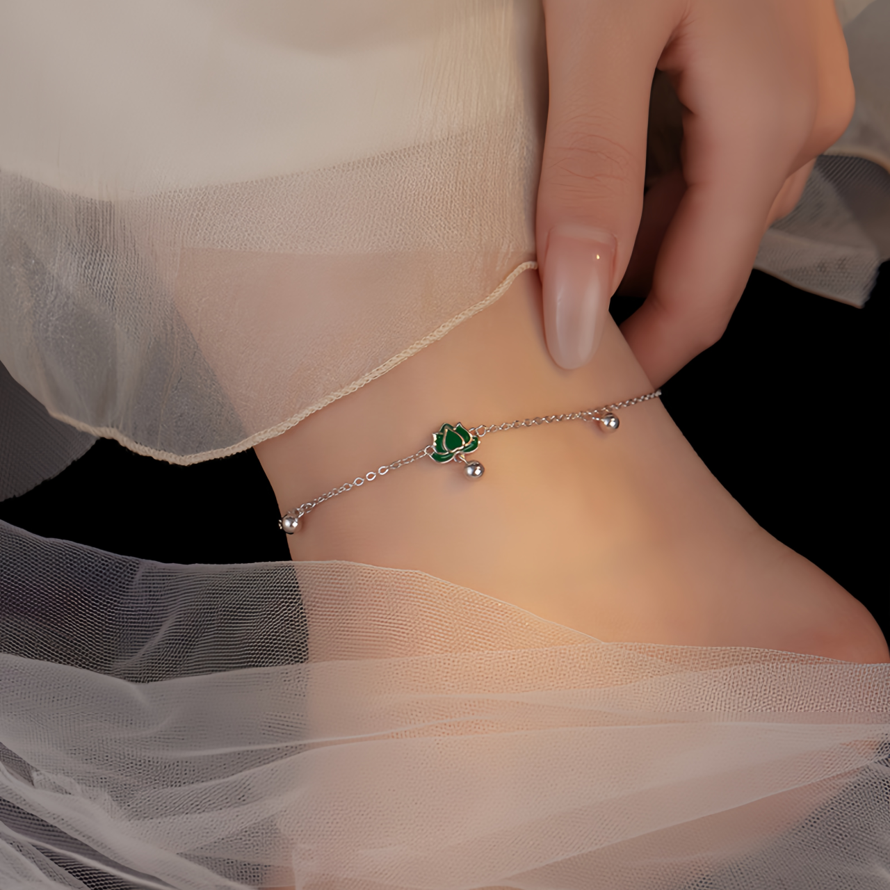 S925 Sterling Silver Vintage Lotus Ankle Bracelet & Wrist Chain with Green Stone Beads, Adjustable Retro Jewelry for Women