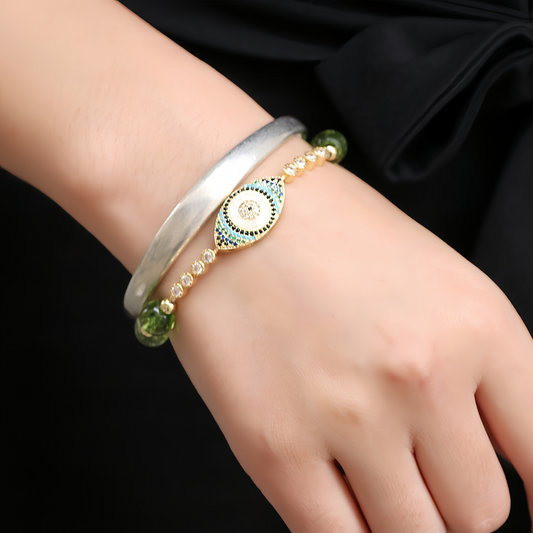 Handmade Natural Olivine Crystal Bracelet with Protective Nazar Eye Pendant