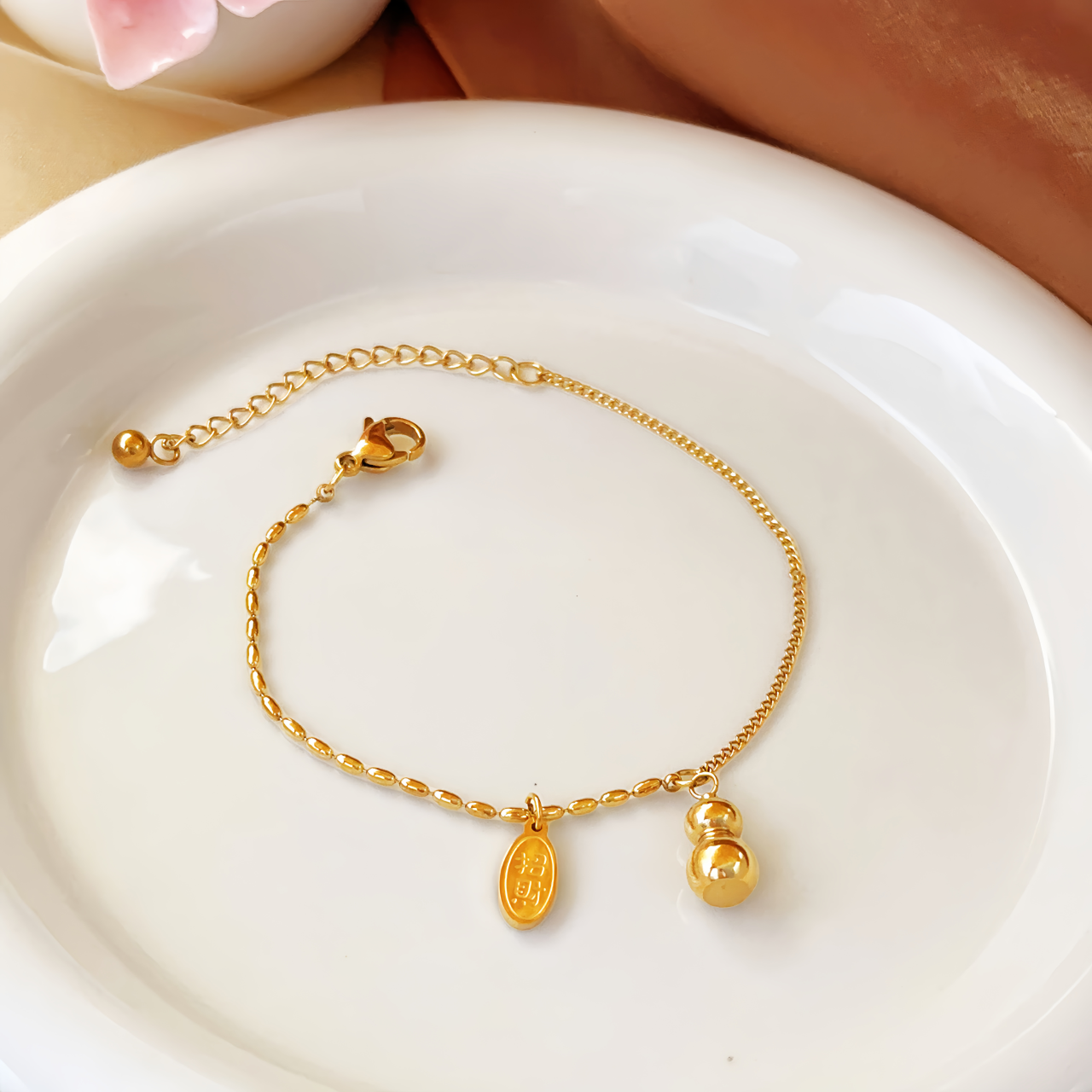 18K Gold Lucky Gourd Bracelet Anklet - Adjustable Style Fortune Jewelry
