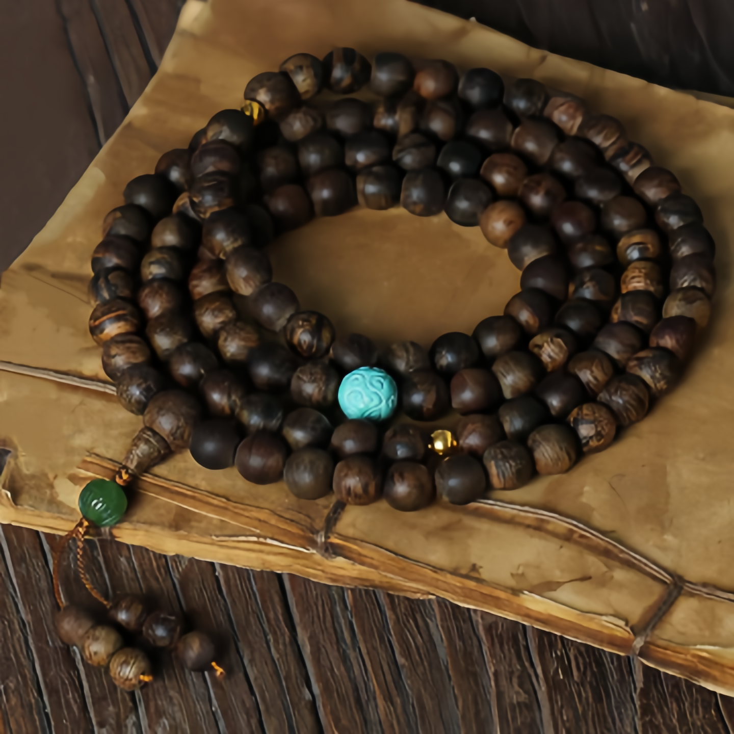 108 Mala Beads Nha Trang Agarwood Turquoise Prayer Meditation Bracelet Mala