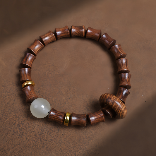 Buddha Beads Sandalwood Bamboo Node & Climbing Higher Design Moonstone Bracelet -  Wellness Jewelry for Inner Peace