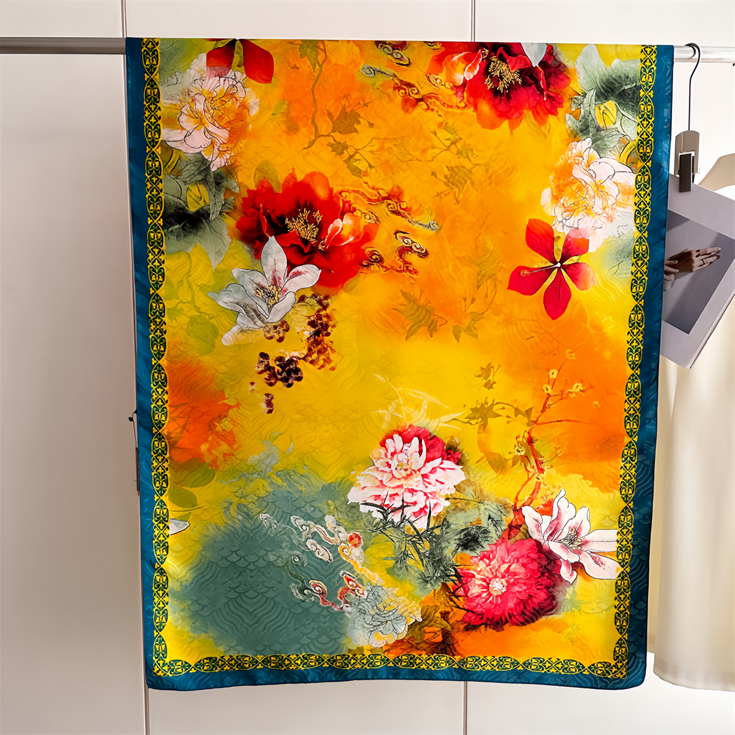 2025 UV-Protective Handwoven Silk Scarf - Vintage Blue Peony & Bamboo Lightweight Ethno Fashion