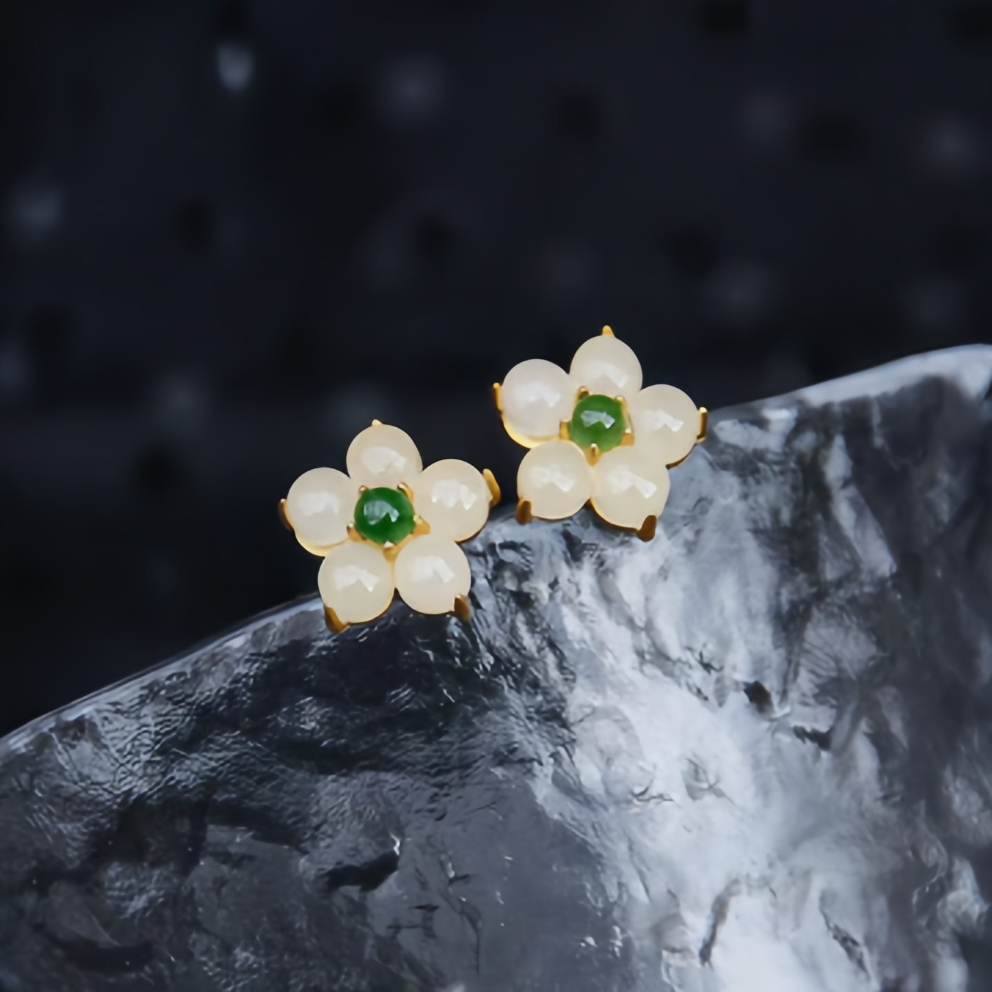 White Jade Flower Stud Earrings—Handmade Lucky Charm Blessing Jewelry for Women,14K Gold Plating