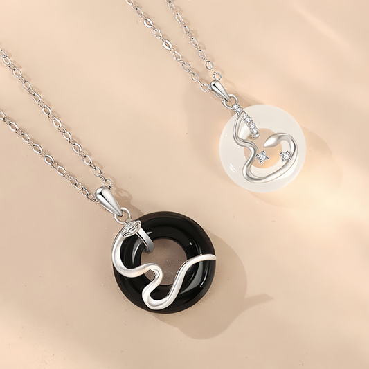 925 Sterling Silver Black Onyx Chalcedony Peace  Buckle Year Of The Snake Luck Pendant Necklace