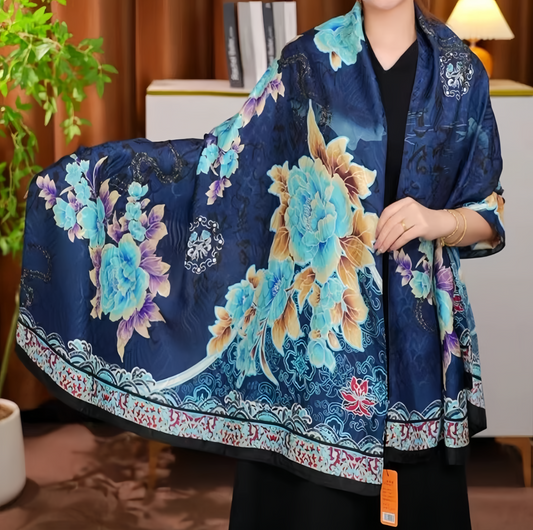 2025 UV-Protective Handwoven Silk Scarf - Vintage Blue Peony & Bamboo Lightweight Ethno Fashion