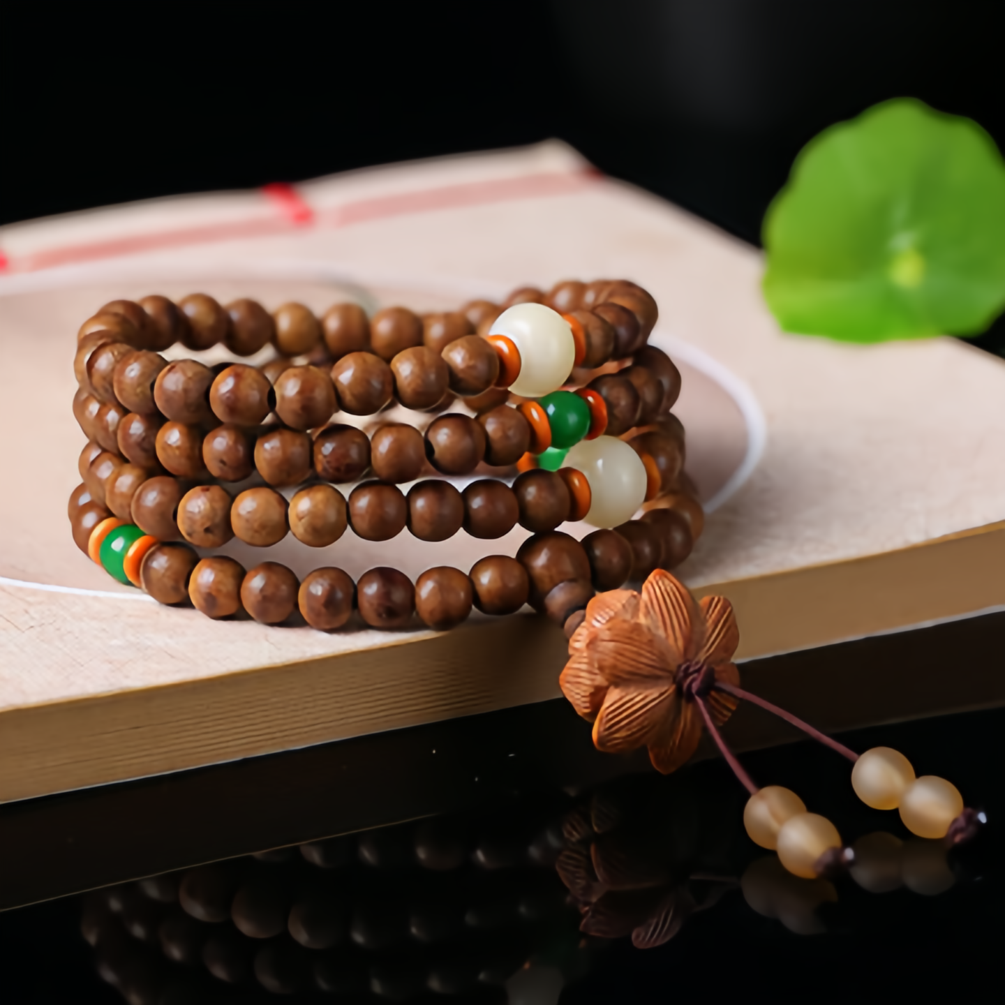 108 Peachwood Lotus Zen Meditation Mala Beads - Natural Handmade Adjustable Unisex Spiritual Jewelry