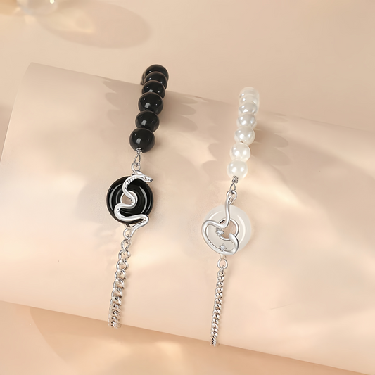 Black Obsidian Black Onyx Chalcedony Peace Buckle 925  Sterling Silver Year Of The Snake Pearl Purification Couple's Bracelet