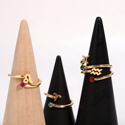 Zodiac Birthstone Titanium Steel Ring with Rune Symbols - Adjustable Open  Zircon Astrology Jewelry