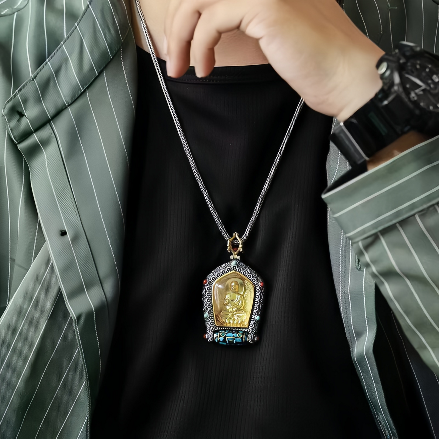 Tibet Chinese Zodiac Natal Buddha Thangka  Prosperity Rotatable Dzi Bead Necklace Pendant