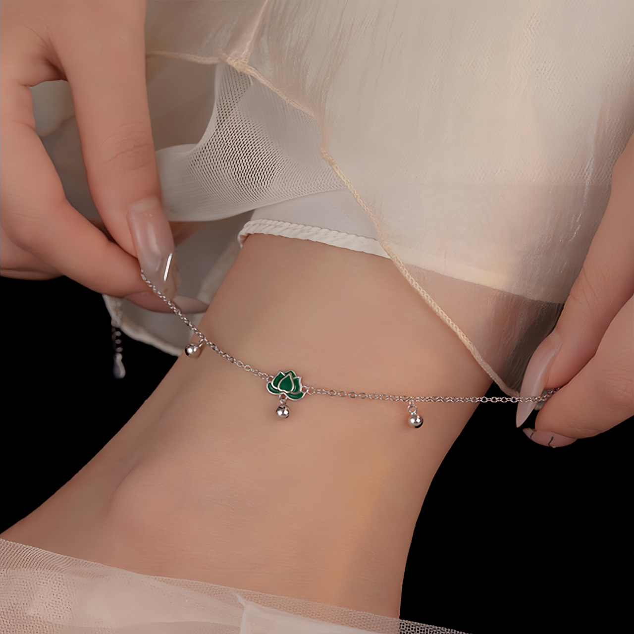 S925 Sterling Silver Vintage Lotus Ankle Bracelet & Wrist Chain with Green Stone Beads, Adjustable Retro Jewelry for Women
