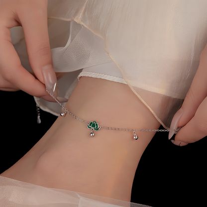 S925 Sterling Silver Vintage Lotus Ankle Bracelet & Wrist Chain with Green Stone Beads, Adjustable Retro Jewelry for Women
