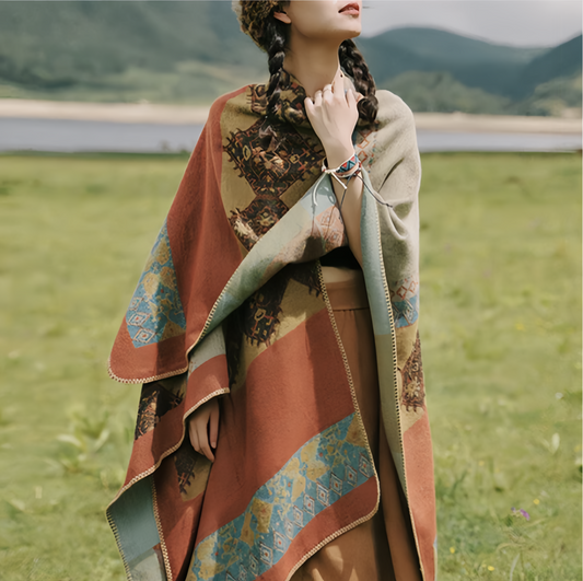Tibetan Shawl Diamond Pattern Winter Warm Cloak Scarf