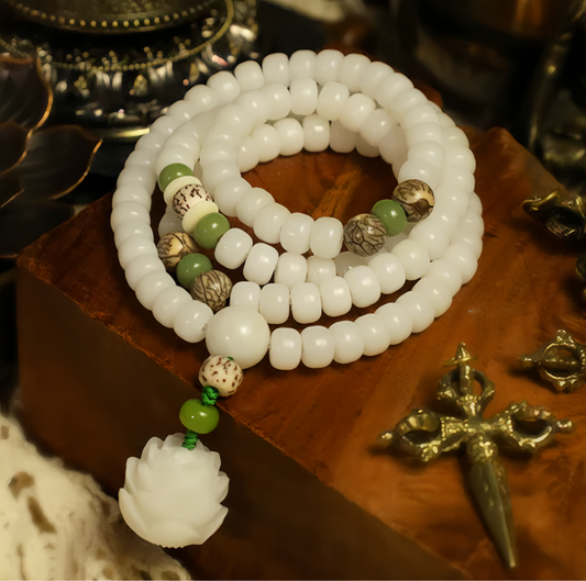 White Jade Bodhi Lotus Mala Harmony Necklace Bracelet