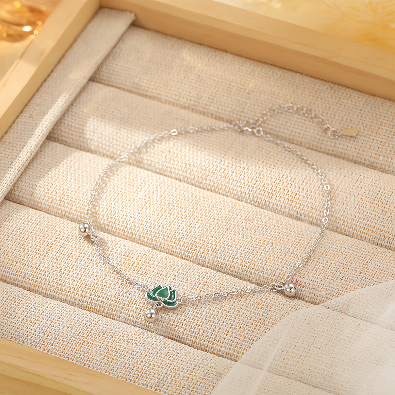 S925 Sterling Silver Vintage Lotus Ankle Bracelet & Wrist Chain with Green Stone Beads, Adjustable Retro Jewelry for Women