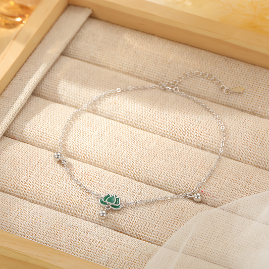 S925 Sterling Silver Vintage Lotus Ankle Bracelet & Wrist Chain with Green Stone Beads, Adjustable Retro Jewelry for Women