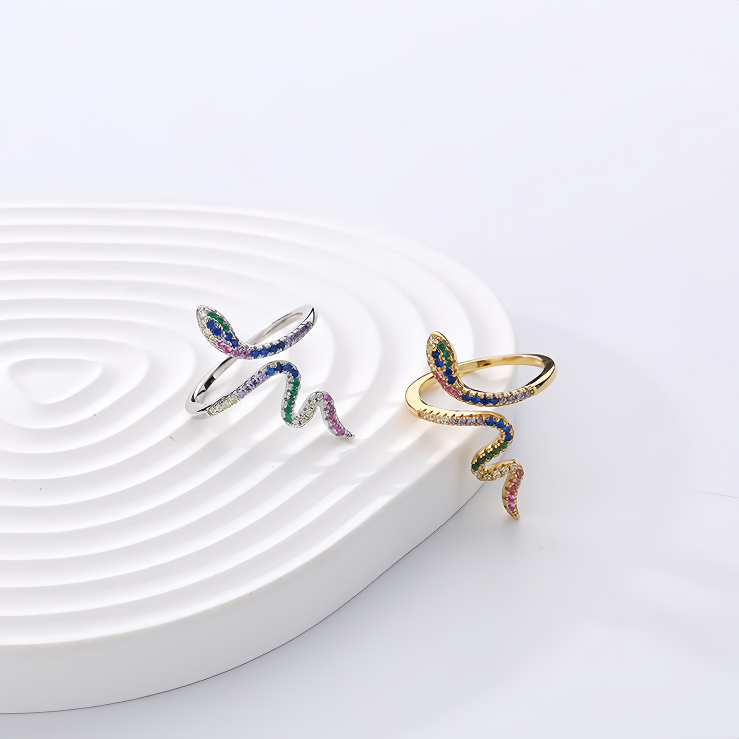 925 Sterling Silver Plated Gold Fashion Personality Snake Geometric  Adjustable Open Ring with Colored Cubic Zirconia - Luxurious Look