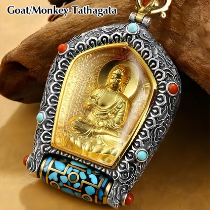 Tibet Chinese Zodiac Natal Buddha Thangka  Prosperity Rotatable Dzi Bead Necklace Pendant