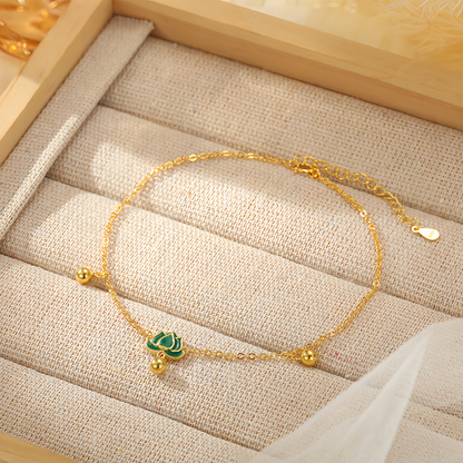 S925 Sterling Silver Vintage Lotus Ankle Bracelet & Wrist Chain with Green Stone Beads, Adjustable Retro Jewelry for Women