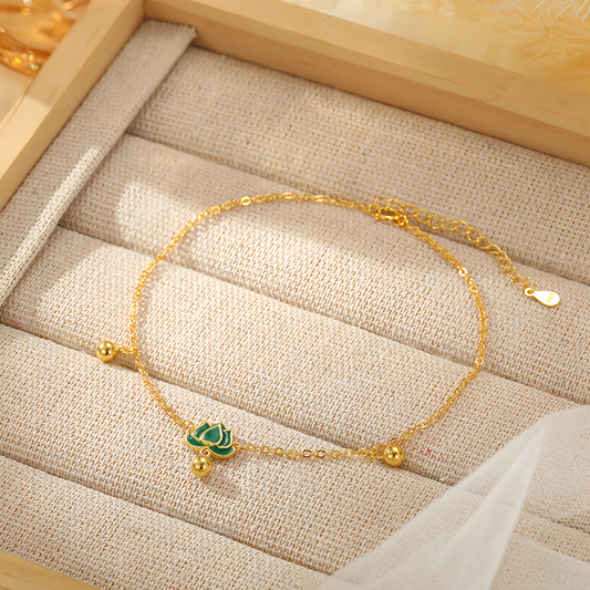 S925 Sterling Silver Vintage Lotus Ankle Bracelet & Wrist Chain with Green Stone Beads, Adjustable Retro Jewelry for Women