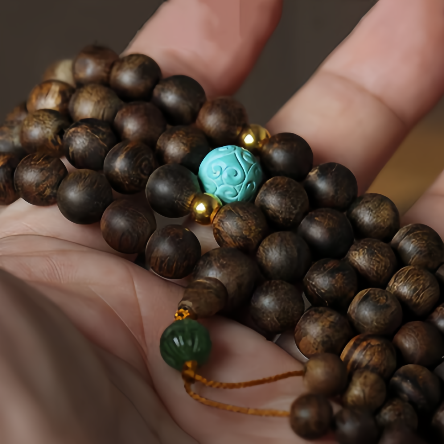 108 Mala Beads Nha Trang Agarwood Turquoise Prayer Meditation Bracelet Mala