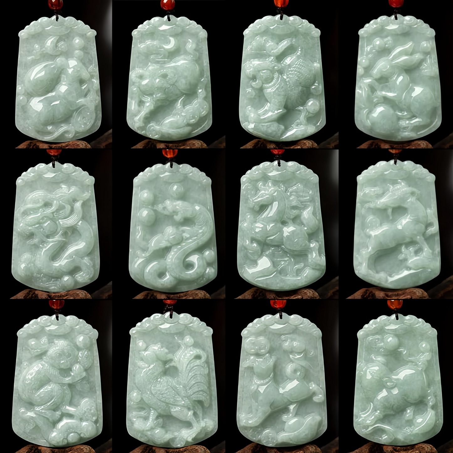 Handmade Natural Jade 12 Chinese Zodiac Abundance Amulet Pendant Necklace