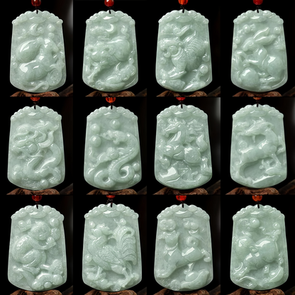 Handmade Natural Jade 12 Chinese Zodiac Abundance Amulet Pendant Necklace
