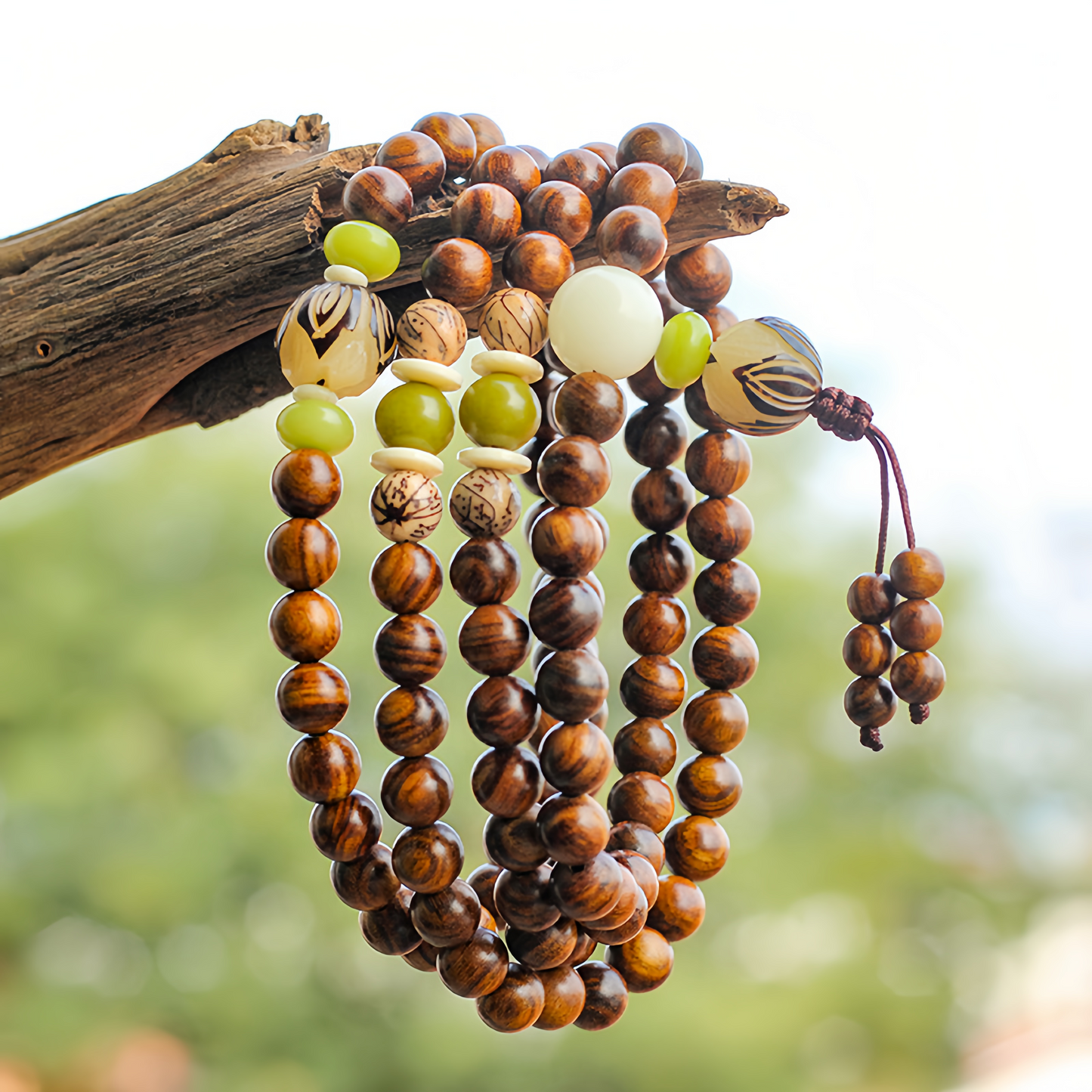 Buddhist Rosewood Mala Protection Bracelet - 108 Natural Wood Meditation Beads for Stress Relief & Spiritual Balance