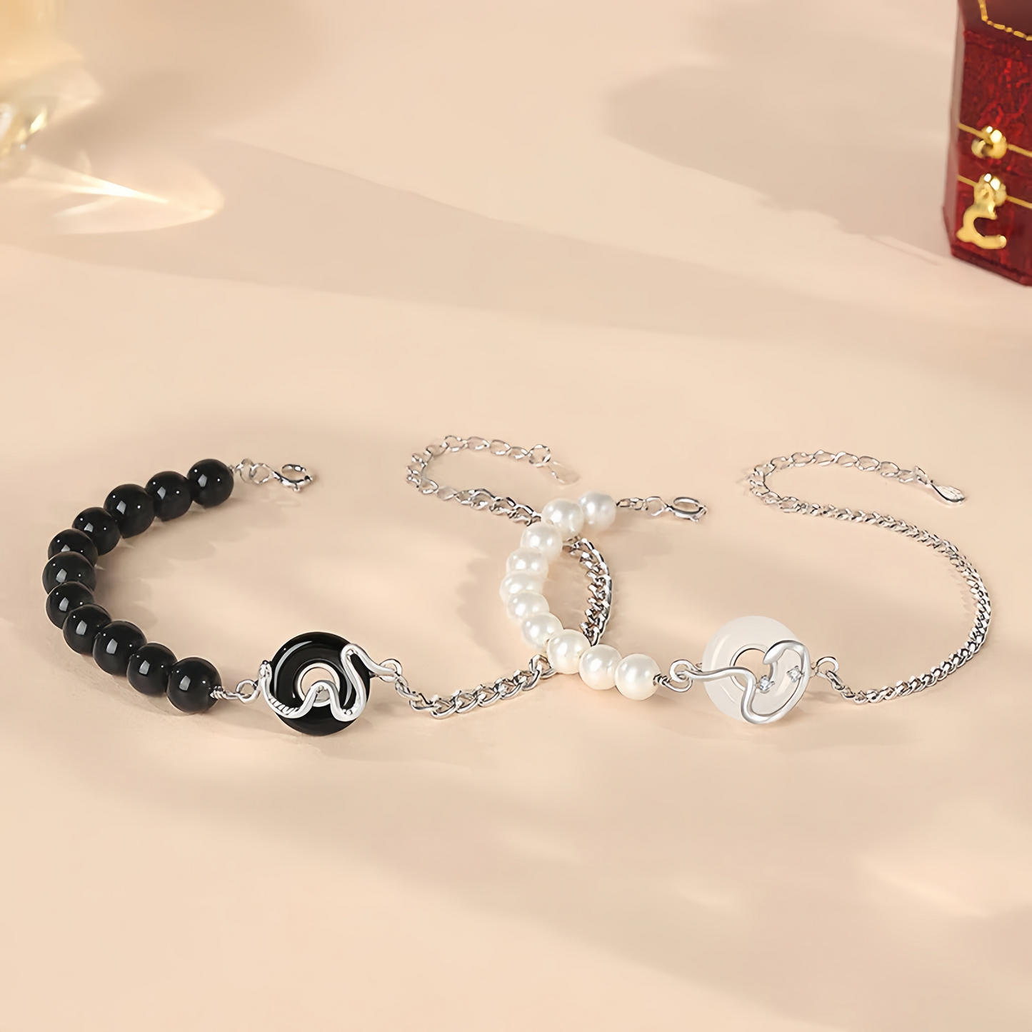 Black Obsidian Black Onyx Chalcedony Peace Buckle 925  Sterling Silver Year Of The Snake Pearl Purification Couple's Bracelet