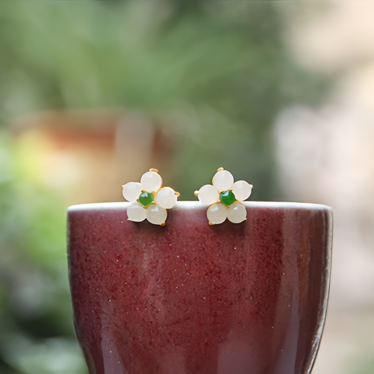 White Jade Flower Stud Earrings—Handmade Lucky Charm Blessing Jewelry for Women,14K Gold Plating