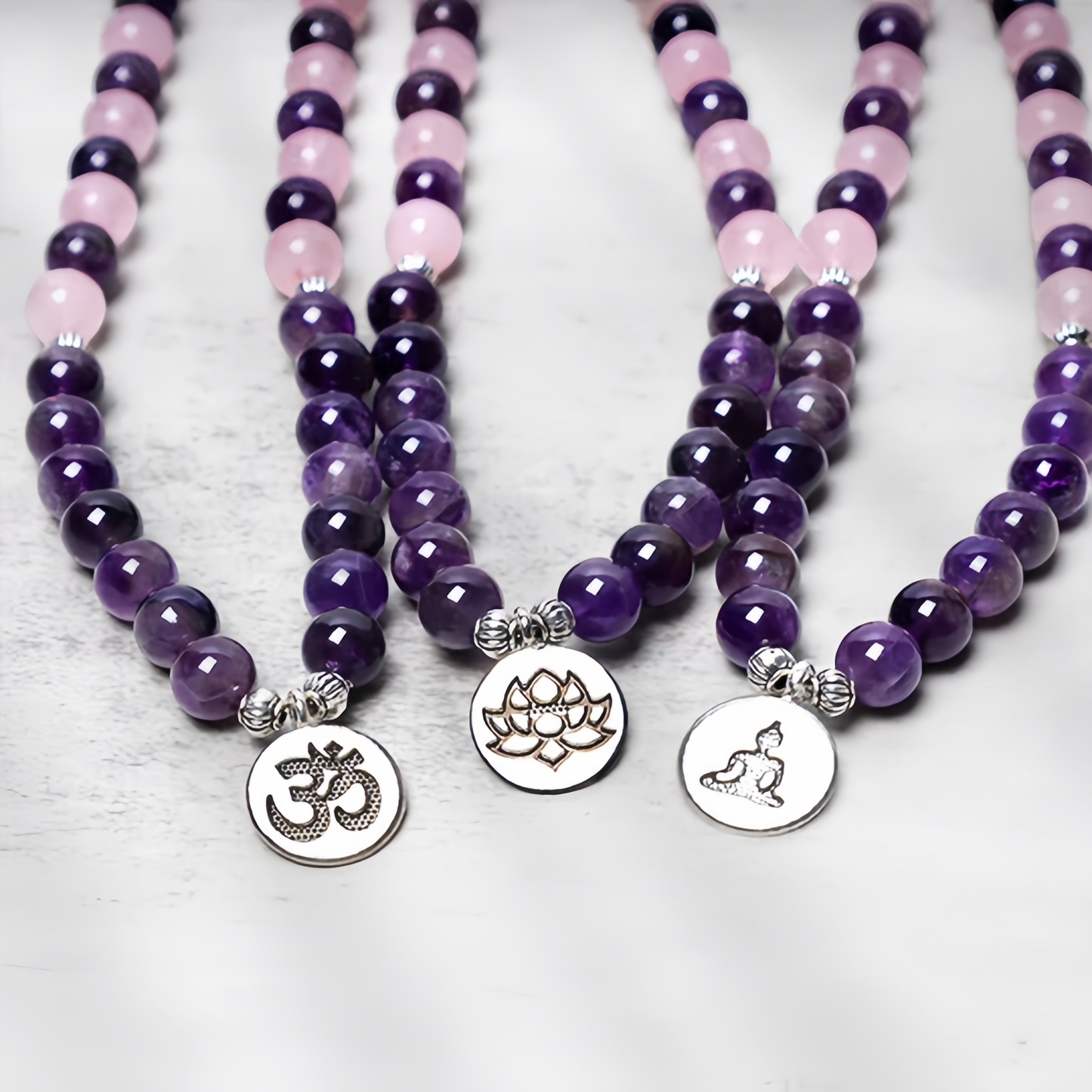 Healing Energy Jewelry:  108 Natural Rose Quartz & Amethyst Mala Bead Lotus Pendant Bracelet