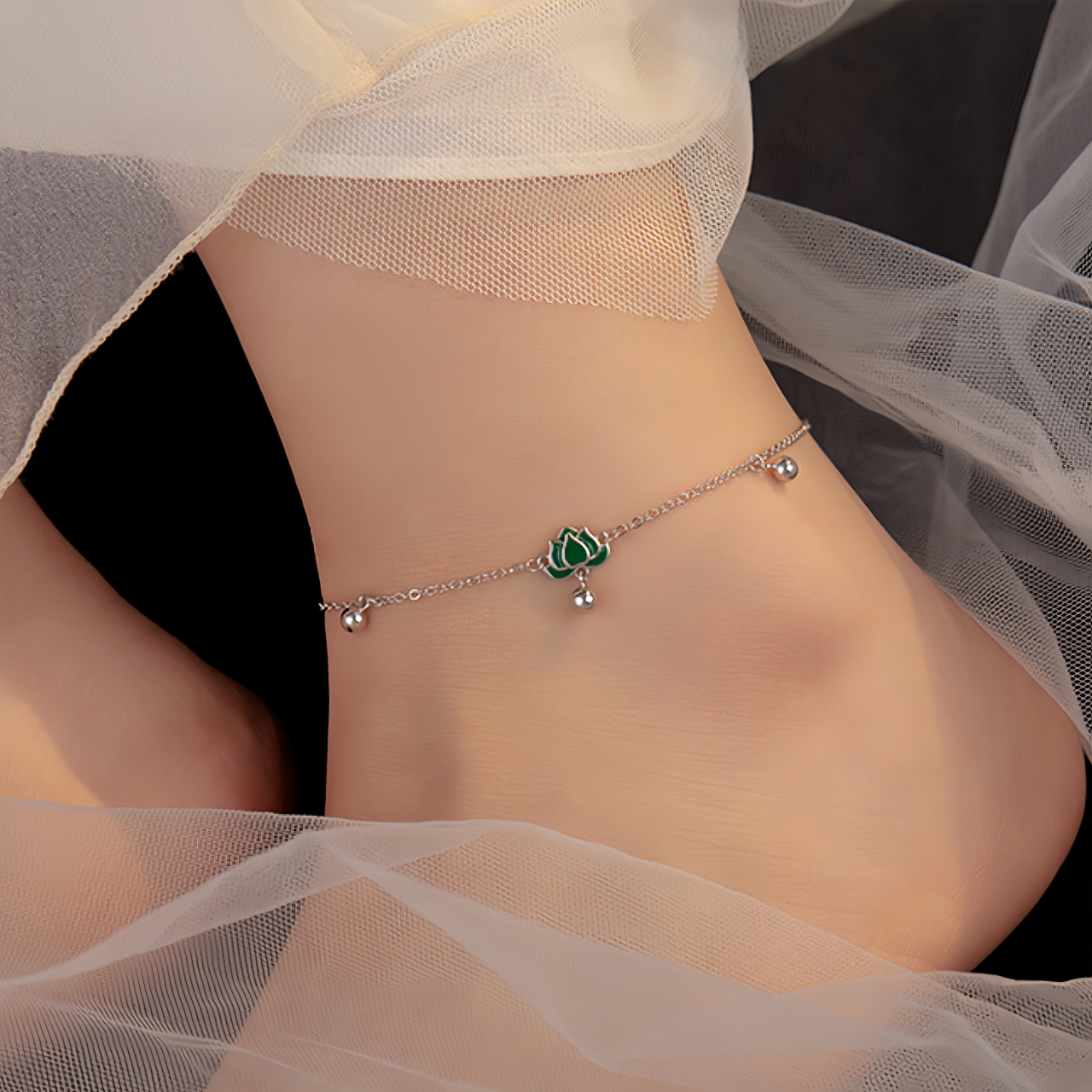 S925 Sterling Silver Vintage Lotus Ankle Bracelet & Wrist Chain with Green Stone Beads, Adjustable Retro Jewelry for Women