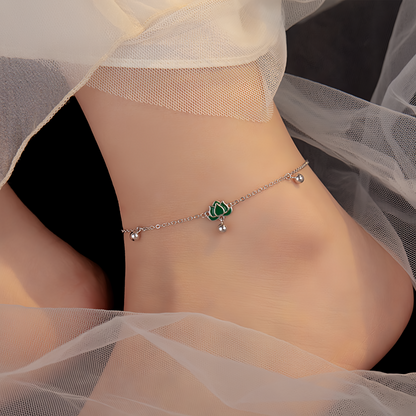 S925 Sterling Silver Vintage Lotus Ankle Bracelet & Wrist Chain with Green Stone Beads, Adjustable Retro Jewelry for Women