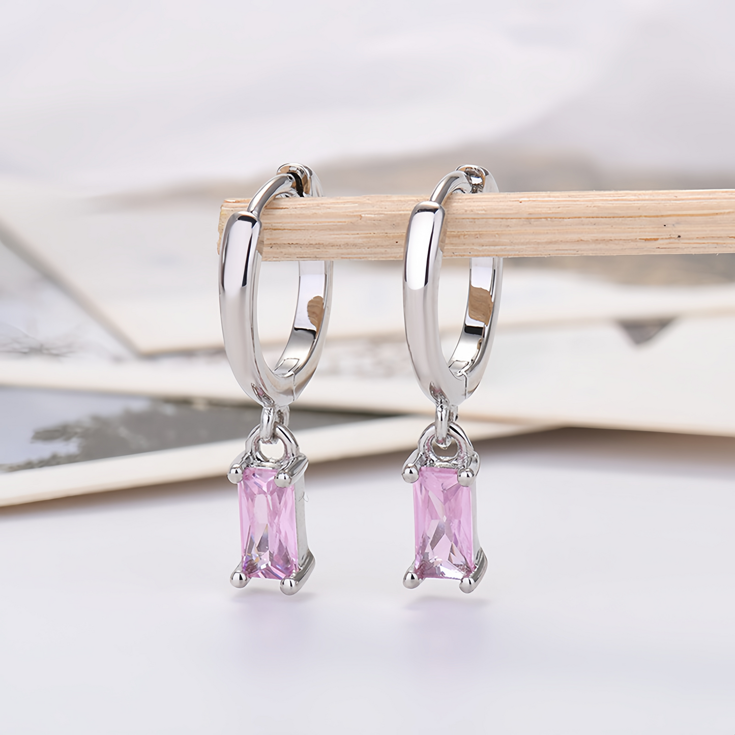 Multicolor Cubic Zirconia Rectangle Earrings - 925 Silver Hypoallergenic Minimalist Elegant Jewelry for Women
