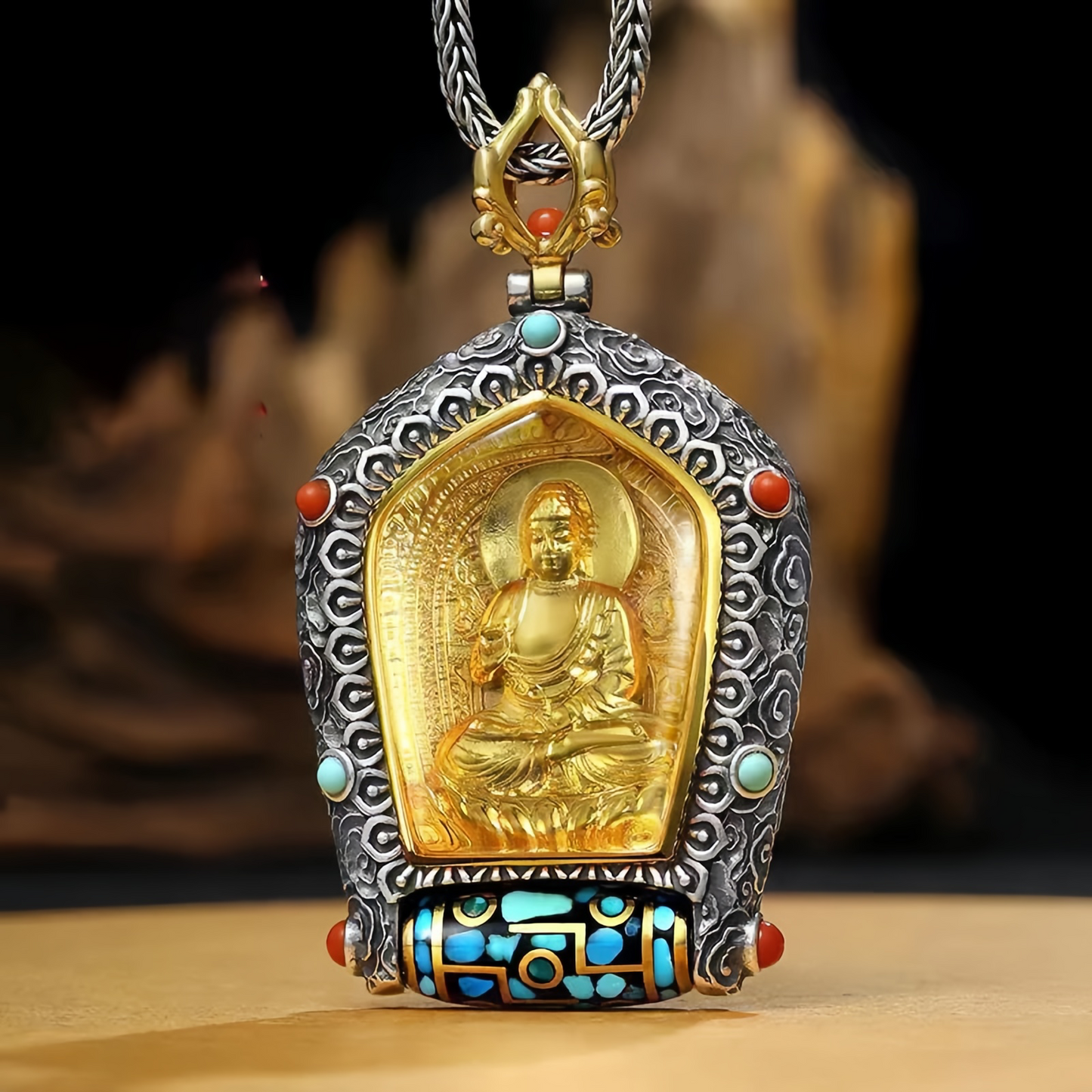 Tibet Chinese Zodiac Natal Buddha Thangka  Prosperity Rotatable Dzi Bead Necklace Pendant