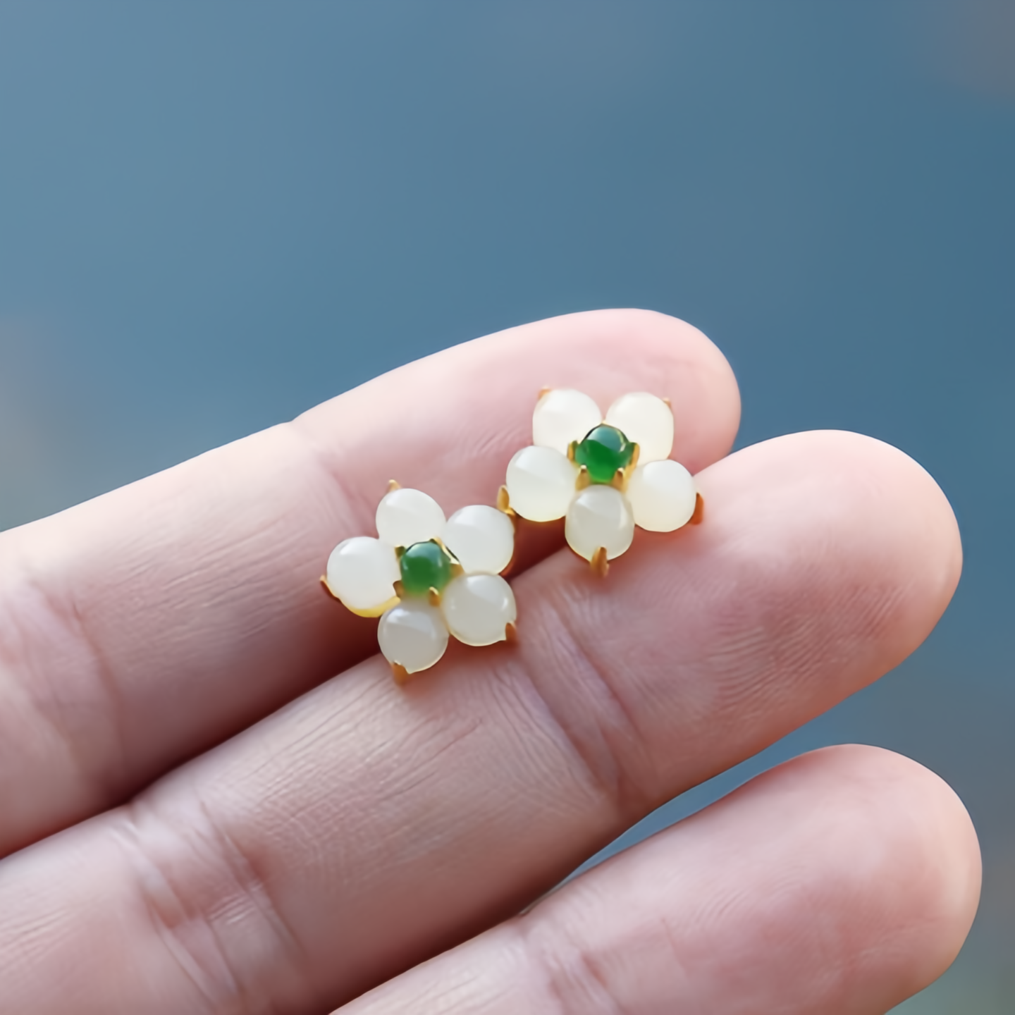 White Jade Flower Stud Earrings—Handmade Lucky Charm Blessing Jewelry for Women,14K Gold Plating