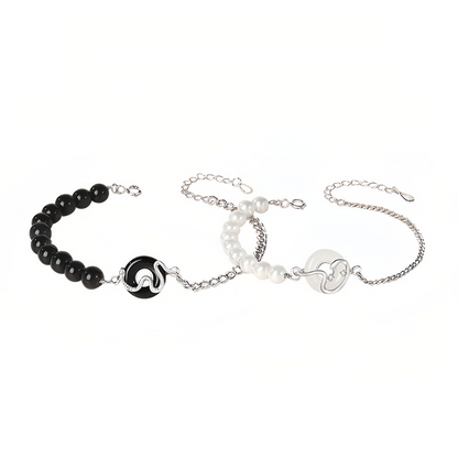 Black Obsidian Black Onyx Chalcedony Peace Buckle 925  Sterling Silver Year Of The Snake Pearl Purification Couple's Bracelet