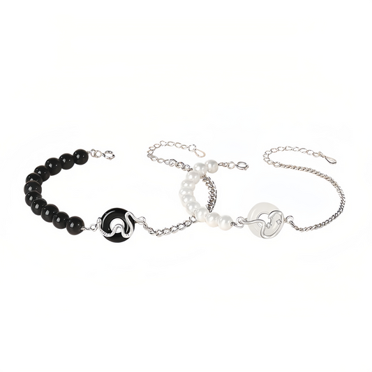 Black Obsidian Black Onyx Chalcedony Peace Buckle 925  Sterling Silver Year Of The Snake Pearl Purification Couple's Bracelet