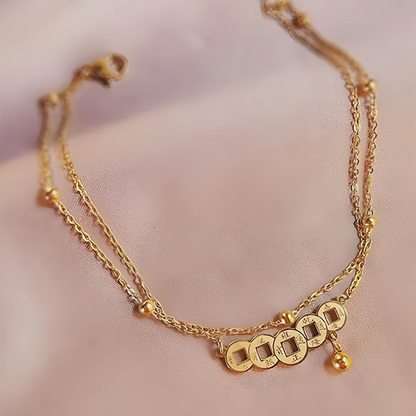 Double Layer Vintage Copper Coin Anklet for Women - Adjustable Lucky Wealth Anklet Chain