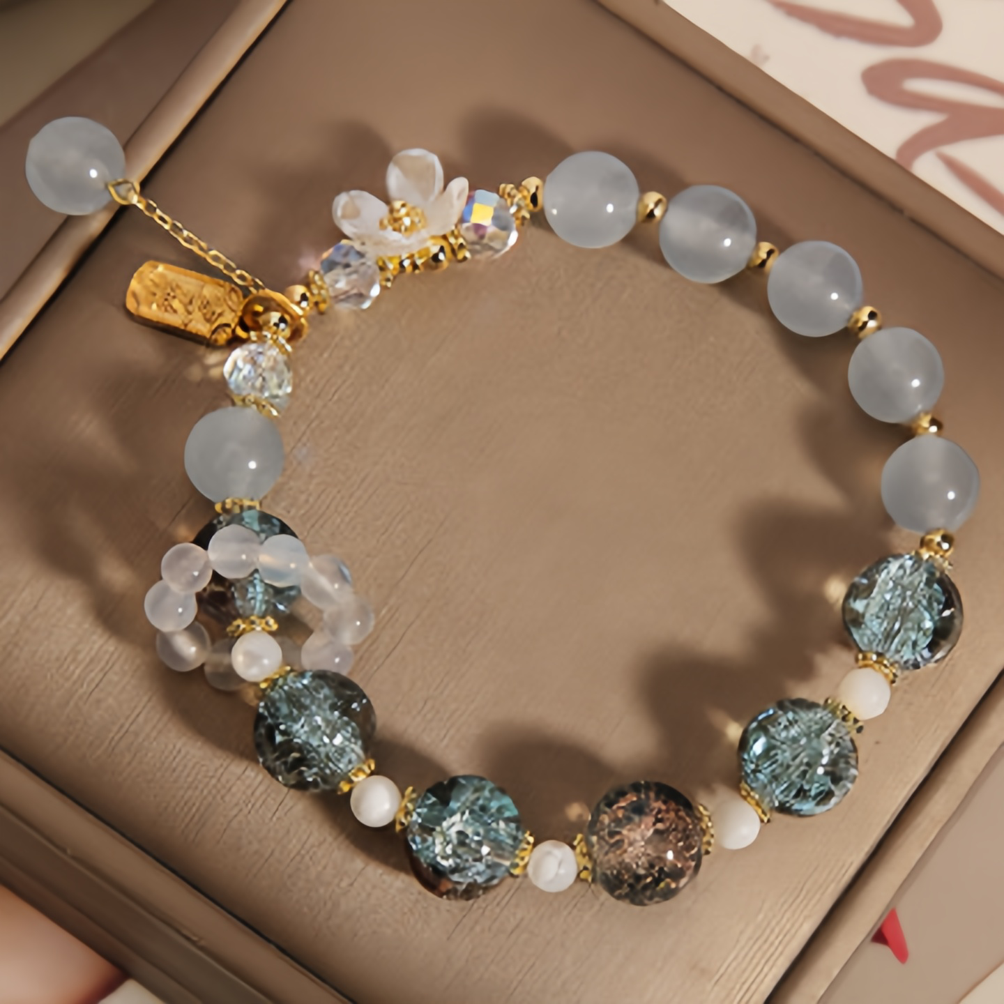 Natural Blue Crystal Amethyst Chalcedony Flower Healing Bracelet