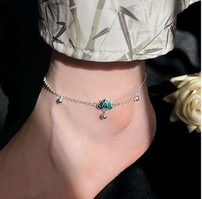 S925 Sterling Silver Vintage Lotus Ankle Bracelet & Wrist Chain with Green Stone Beads, Adjustable Retro Jewelry for Women