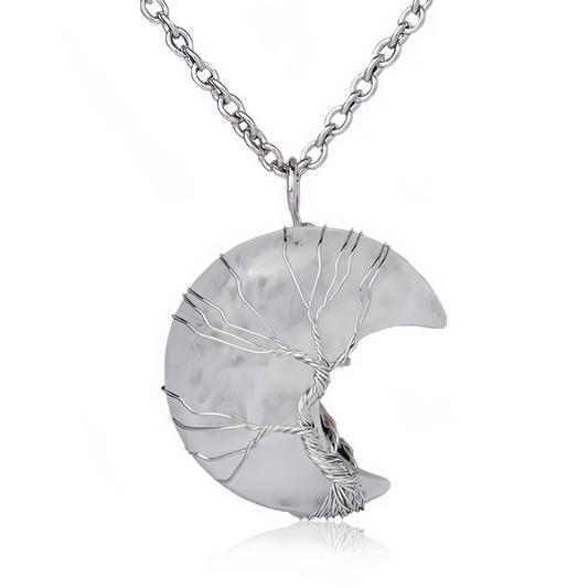 Healing Energy Jewelry:Natural Quartz Crystal Moon Tree Of Life Healing Energy Necklace Pendant