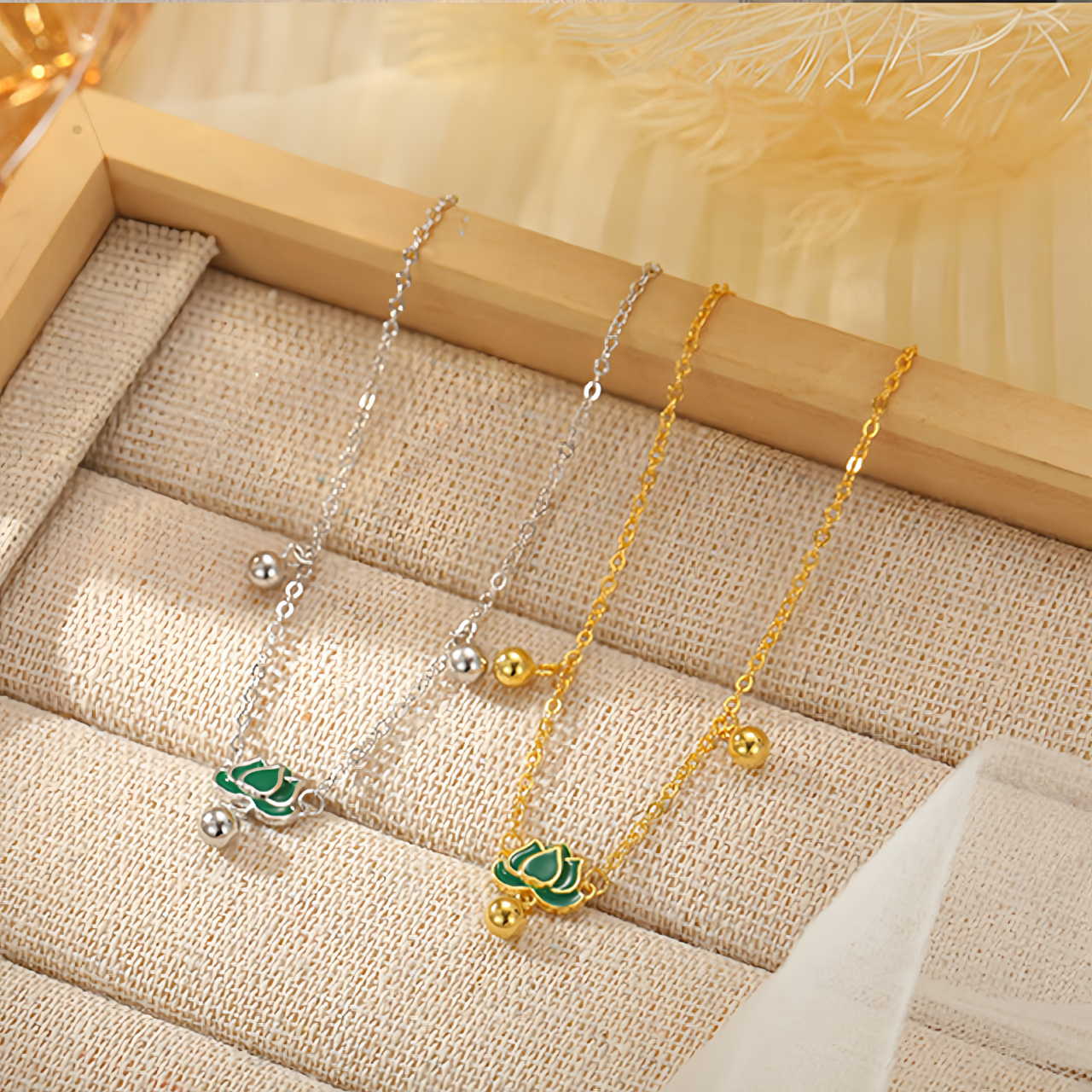 S925 Sterling Silver Vintage Lotus Ankle Bracelet & Wrist Chain with Green Stone Beads, Adjustable Retro Jewelry for Women