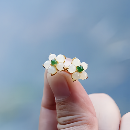 White Jade Flower Stud Earrings—Handmade Lucky Charm Blessing Jewelry for Women,14K Gold Plating