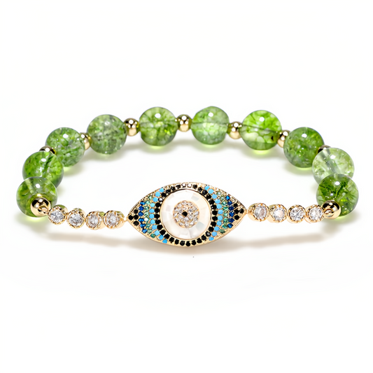 Handmade Natural Olivine Crystal Bracelet with Protective Nazar Eye Pendant