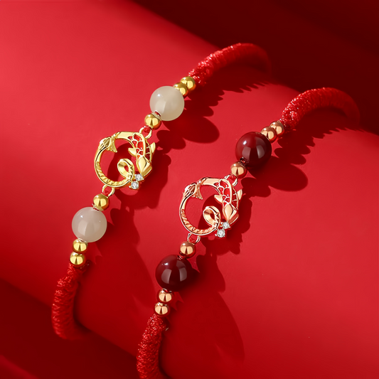 925 Sterling Silver Hetian Jade Cinnabar Koi Fish Year Of  The Snake Protection Braided Bracelet