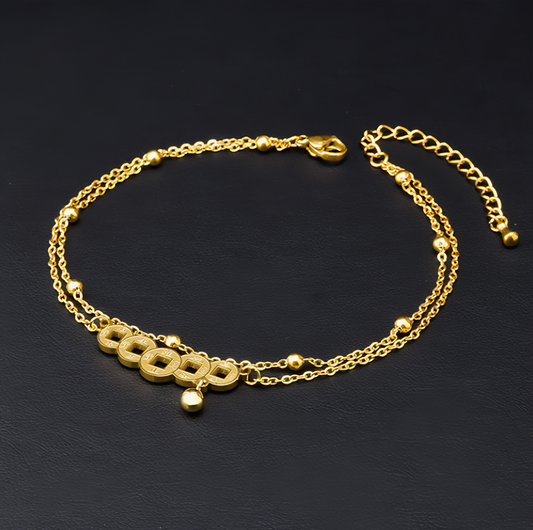 Double Layer Vintage Copper Coin Anklet for Women - Adjustable Lucky Wealth Anklet Chain