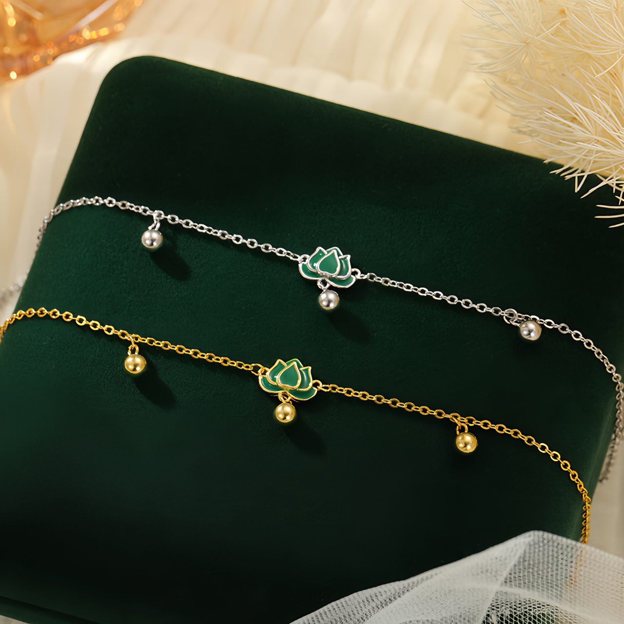 S925 Sterling Silver Vintage Lotus Ankle Bracelet & Wrist Chain with Green Stone Beads, Adjustable Retro Jewelry for Women