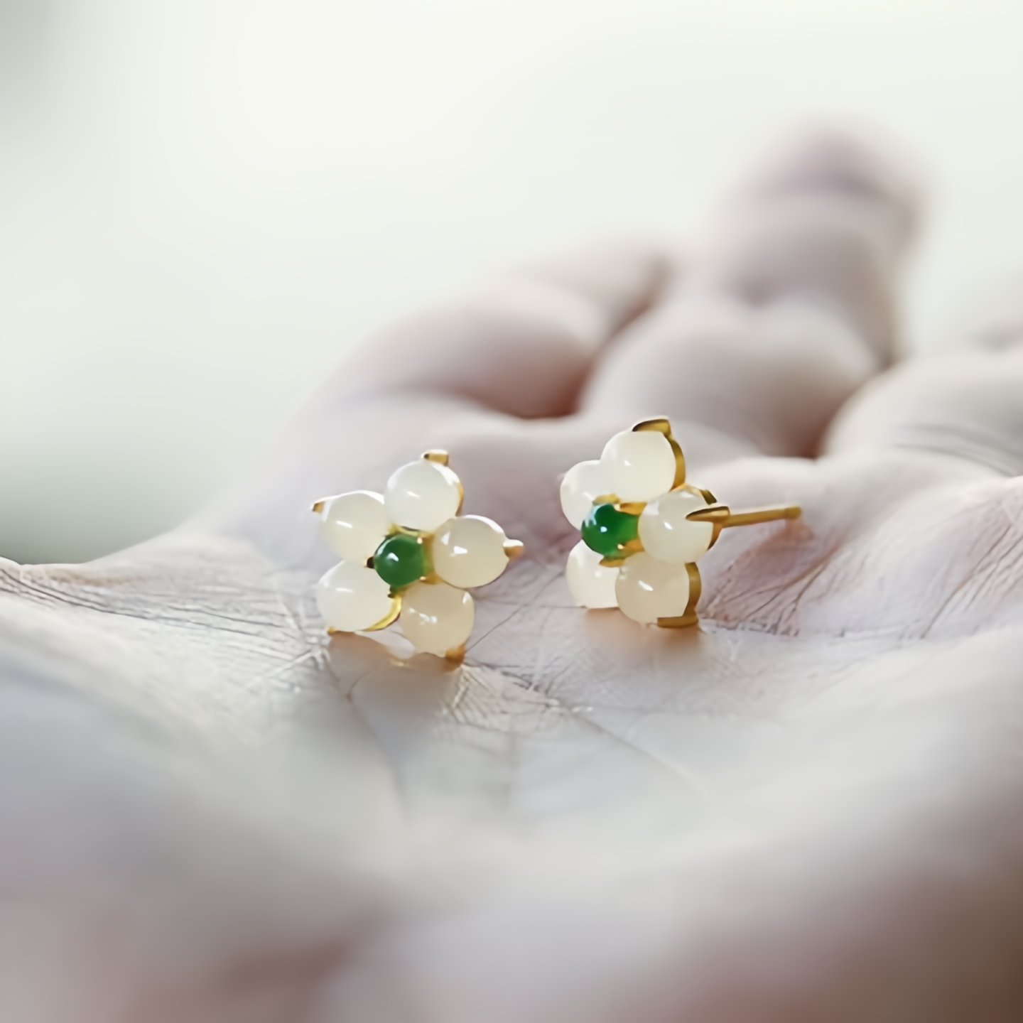 White Jade Flower Stud Earrings—Handmade Lucky Charm Blessing Jewelry for Women,14K Gold Plating
